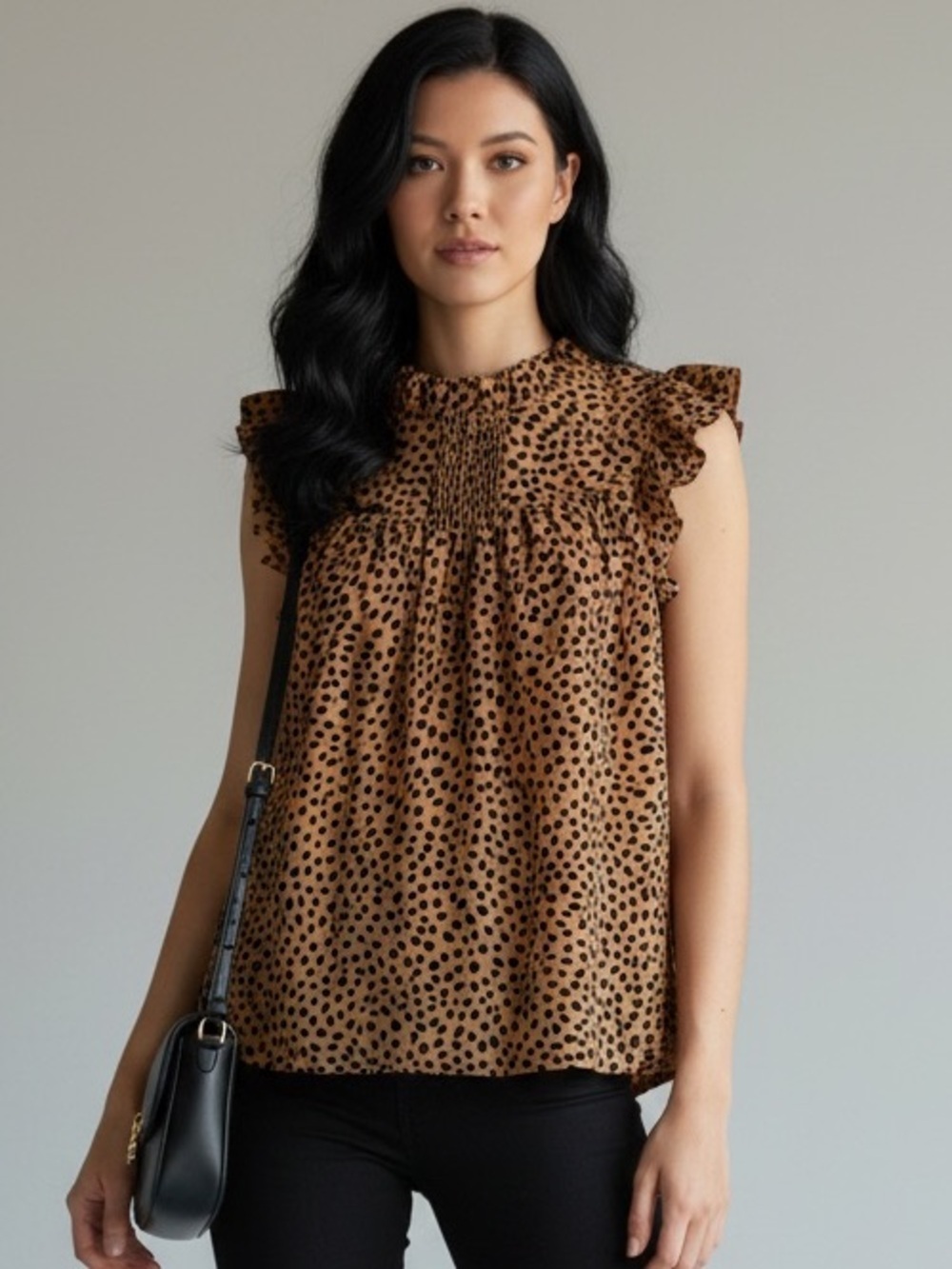 J. Crew Brown Leopard Print Ruffle-Smock Sleeveless Top Women’s Size XS Grunge,